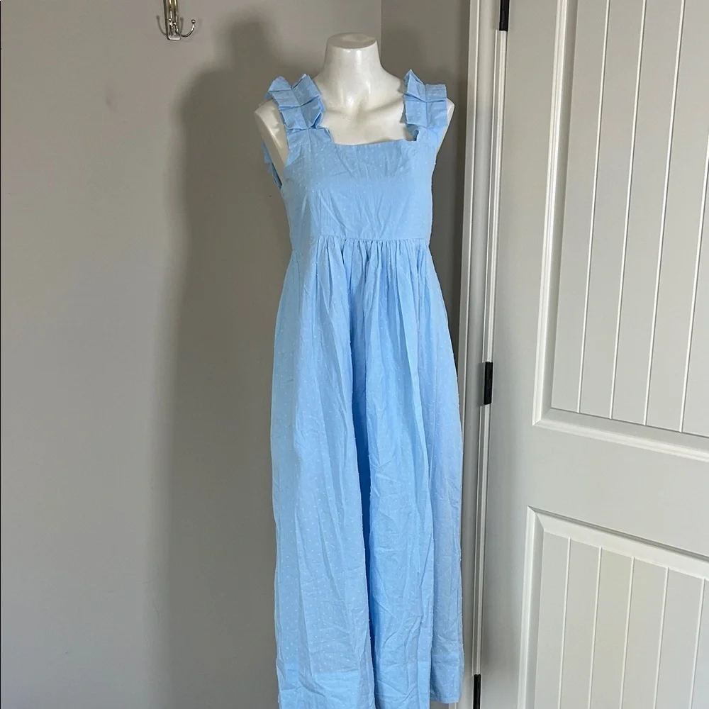 Lake Pajamas Lolly Dress in Morning Blue Swiss Dot Midi Pockets Sz S NEW - Picture 5 of 15